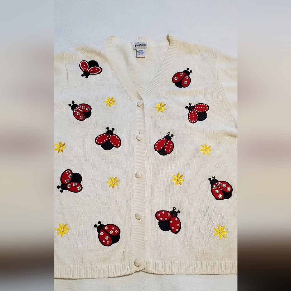 BonWorth Womens Cardigan with Ladybug and Star Design. Pearl And Rhinestones SzL - Picture 4 of 7